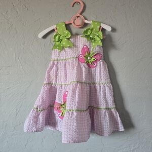 Rare Editions pink & Green Seersucker Gingham Butterflys & Bows Dress Size 2T